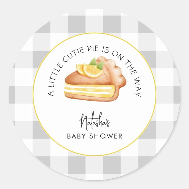 Pegatina Redonda Little Cutie Pie Gray Gingham Plaid Baby Shower (Anverso)