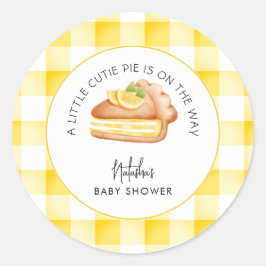 Pegatina Redonda Little Cutie Pie Yellow Gingham Plaid Baby Shower