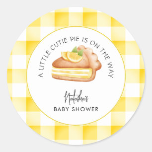 Pegatina Redonda Little Cutie Pie Yellow Gingham Plaid Baby Shower
