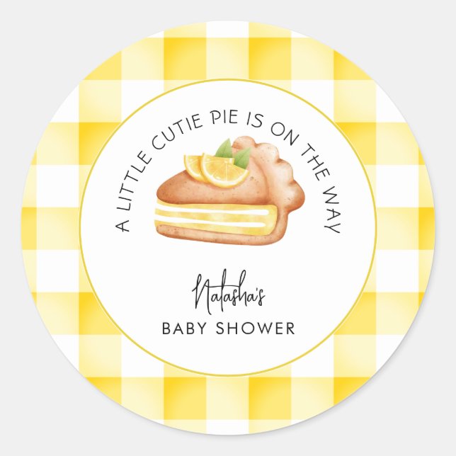 Pegatina Redonda Little Cutie Pie Yellow Gingham Plaid Baby Shower (Anverso)