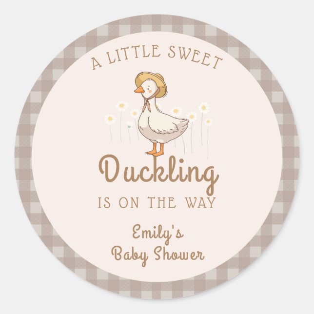 Pegatina Redonda Little Duckhouse Gingham Baby Shower (Anverso)