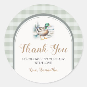 Pegatina Redonda Little Duckling Gingham Baby Shower Gracias