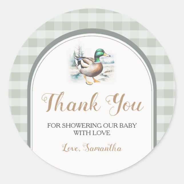 Pegatina Redonda Little Duckling Gingham Baby Shower Gracias (Anverso)