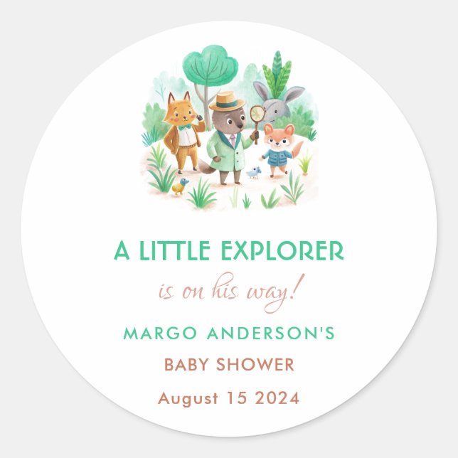 Pegatina Redonda Little Explorer Forest Detective Boy Baby Shower (Anverso)