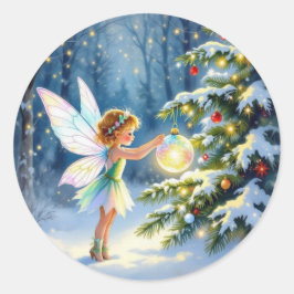 Pegatina Redonda Little Fairy Decorating Christmas Trees