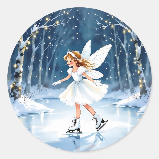 Pegatina Redonda Little Fairy Ice Skating Christmas (Anverso)