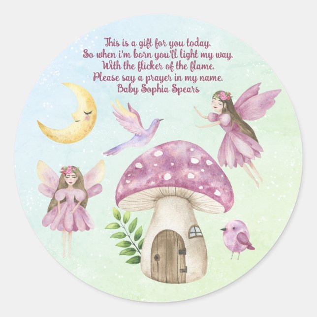 Pegatina Redonda Little Fairy Whimsical Baby Shower Prayer (Anverso)