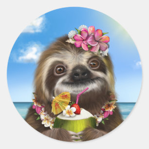 Pegatina Redonda Little fluffy Sloth con un cóctel de coco