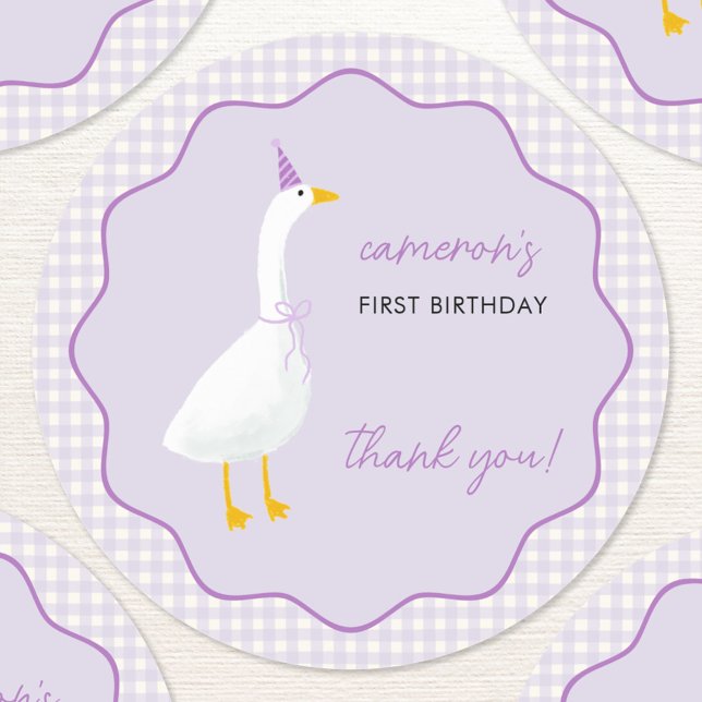 Pegatina Redonda Little Goose Gingham First Birthday Gracias (Little Goose first birthday party thank you sticker)