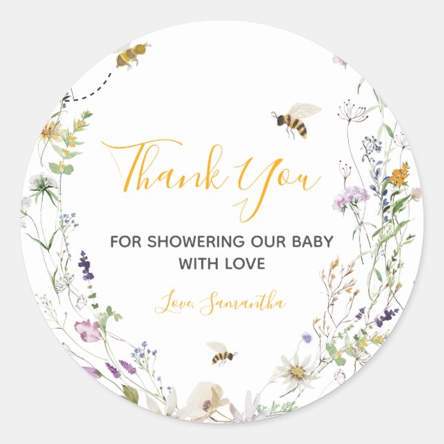 Pegatina Redonda Little Honey Bee Wildflower Baby Shower Gracias (Anverso)