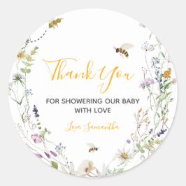 Pegatina Redonda Little Honey Bee Wildflower Baby Shower Gracias