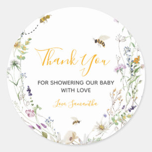 Pegatina Redonda Little Honey Bee Wildflower Baby Shower Gracias