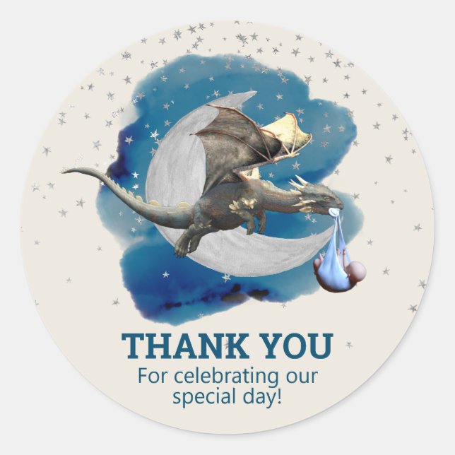 Pegatina Redonda Little Knight Dragon Stars Gracias Baby Shower (Anverso)