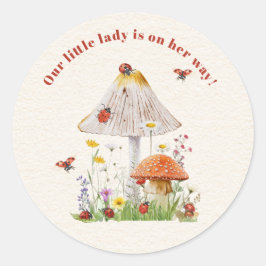 Pegatina Redonda Little Lady Ladybug Mushroom Flowers Baby Shower