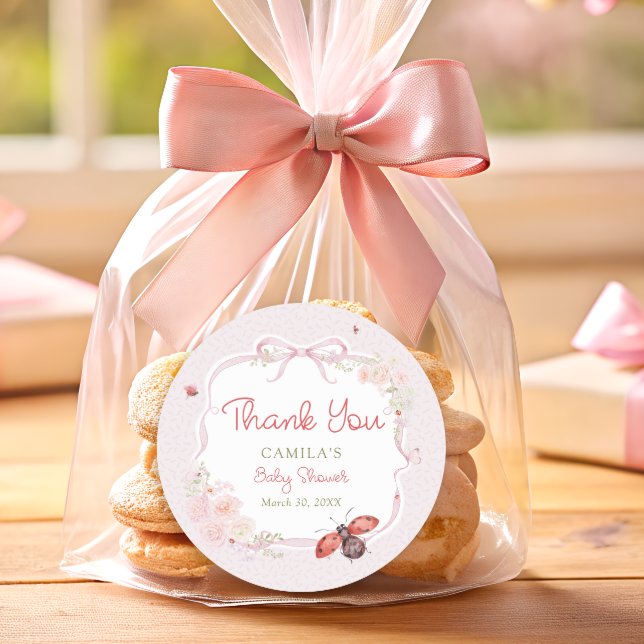 Pegatina Redonda Little Love Bug Bloom Pink Baby Shower Thank you (Subido por el creador)
