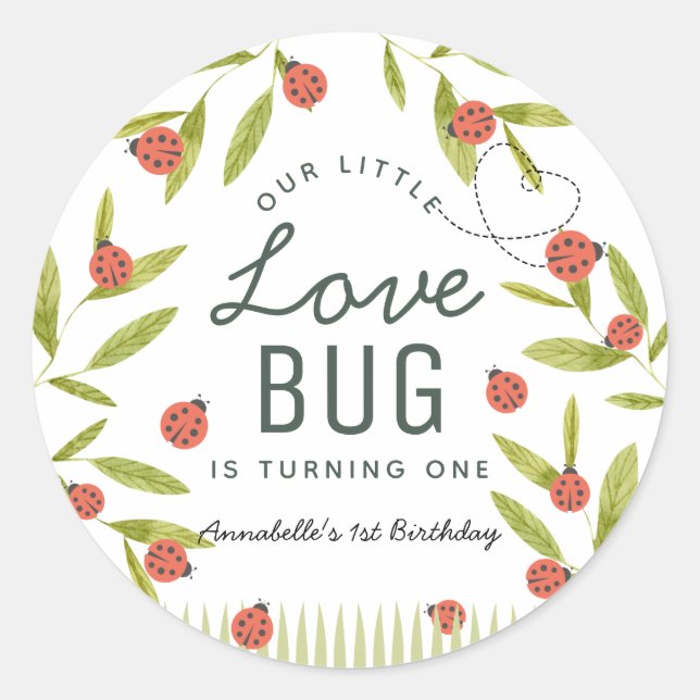 Pegatina Redonda Little Love Bug Ladybug Leaf Cumpleaños (Anverso)