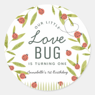 Pegatina Redonda Little Love Bug Ladybug Leaf Cumpleaños