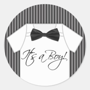 Pegatina Redonda Little Man Pinstripe Baby Shower