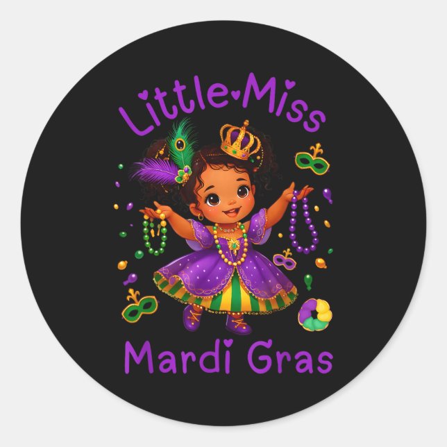 Pegatina Redonda Little Miss Mardi Gras Messy Bun Girls Kids New Or (Anverso)