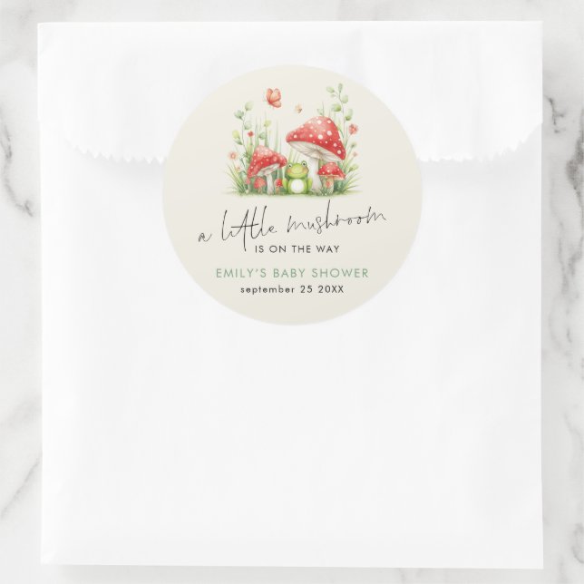 Pegatina Redonda LIttle Mushroom en Way Frog Baby Shower (Bolso)