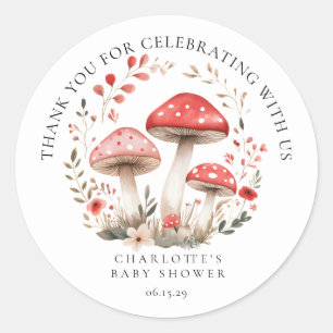 Pegatina Redonda Little Mushroom Wildflowers Baby Shower Gracias