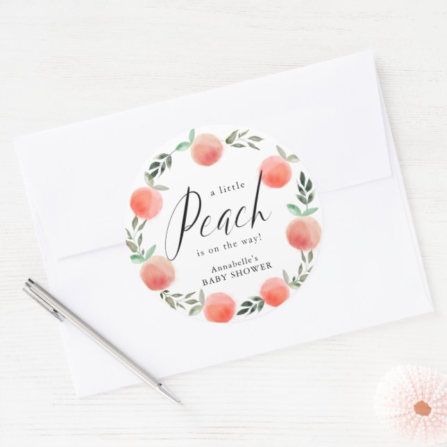 Pegatina Redonda Little Peach Watercolor Wreath Baby Shower (Sobre)