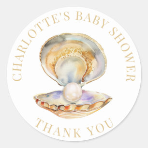 Pegatina Redonda Little Pearl Summer Beach Baby Shower Gracias