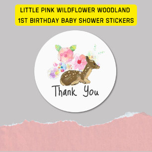 Pegatina Redonda Little Pink Wildflower Woodland 1er cumpleaños