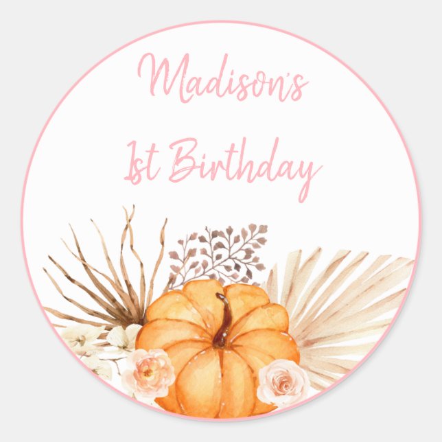 Pegatina Redonda Little Pumpkin Boho Floral Cumpleaños (Anverso)