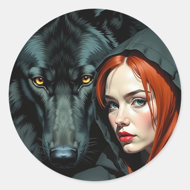 Pegatina Redonda Little Red Riding Hood Redhead and the Black Wolf (Anverso)
