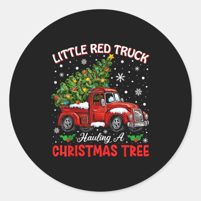 Pegatina Redonda Little Red Truck Hauling A Christmas Tree  (Anverso)