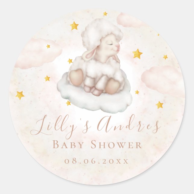 Pegatina Redonda Little Sheep Lamb Dreamy estrellas Baby Shower (Anverso)