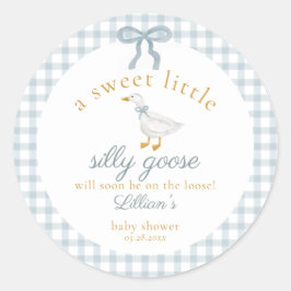 Pegatina Redonda Little Silly Goose Bow Baby Shower Blue Gingham 