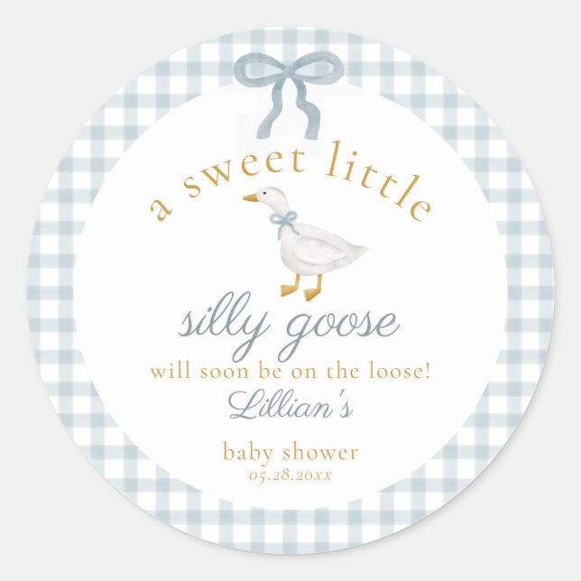 Pegatina Redonda Little Silly Goose Bow Baby Shower Blue Gingham  (Anverso)