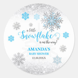 Pegatina Redonda Little Snowflake Blue Silver Glittery Baby Shower