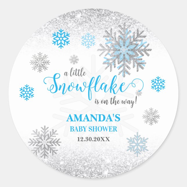 Pegatina Redonda Little Snowflake Blue Silver Glittery Baby Shower  (Anverso)