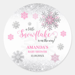 Pegatina Redonda Little Snowflake Pink Silver Glittery Baby Shower