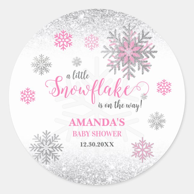 Pegatina Redonda Little Snowflake Pink Silver Glittery Baby Shower  (Anverso)