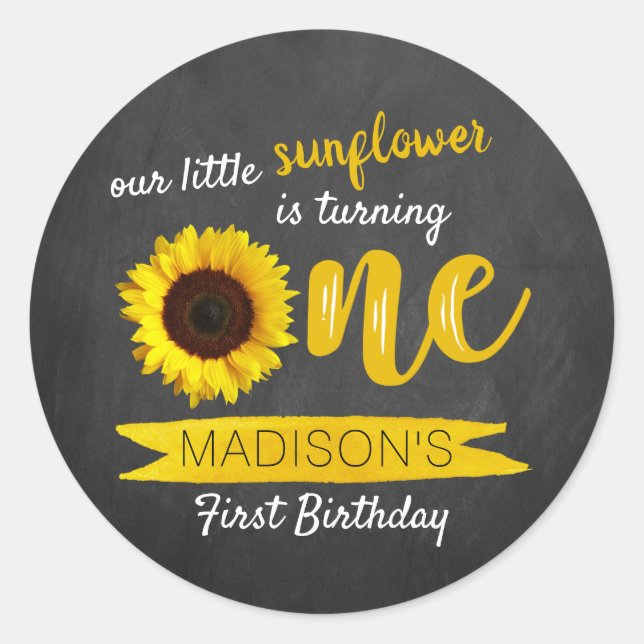 Pegatina Redonda Little Sunflower Chalkboard 1º cumpleaños (Anverso)