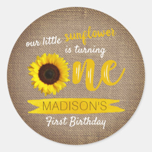Pegatina Redonda Little Sunflower Rustic Burlap 1er cumpleaños
