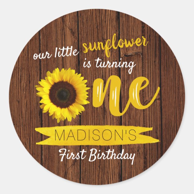 Pegatina Redonda Little Sunflower Rustic Wood Primer cumpleaños (Anverso)