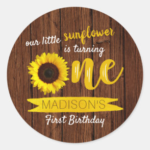 Pegatina Redonda Little Sunflower Rustic Wood Primer cumpleaños