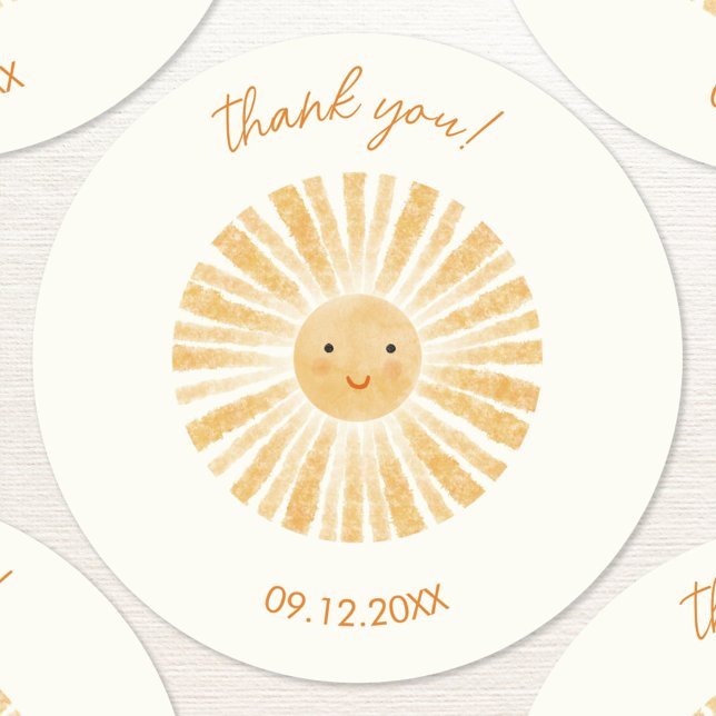 Pegatina Redonda Little Sunshine Gracias (Little ray of sunshine custom text thank you stickers with date)