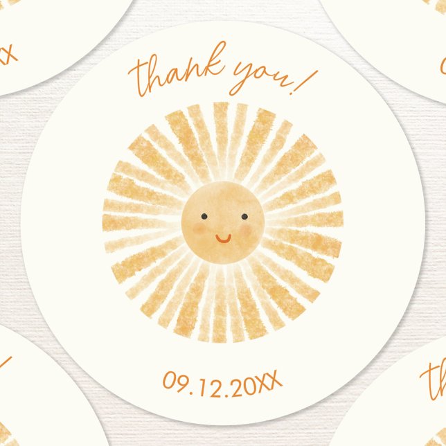Pegatina Redonda Little Sunshine Gracias (Personalized date thank you sticker with watercolor sunshine)