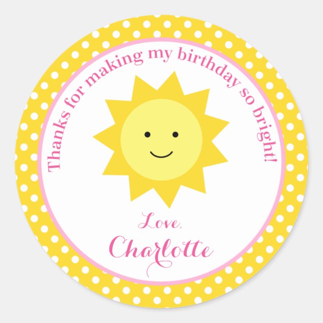Pegatina Redonda Little Sunshine Pink Yellow Birday Party Favor (Anverso)