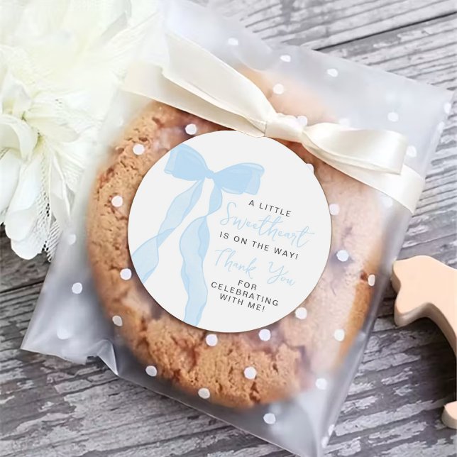Pegatina Redonda Little Sweetheart Elegant Blue Bow Baby Shower (Subido por el creador)