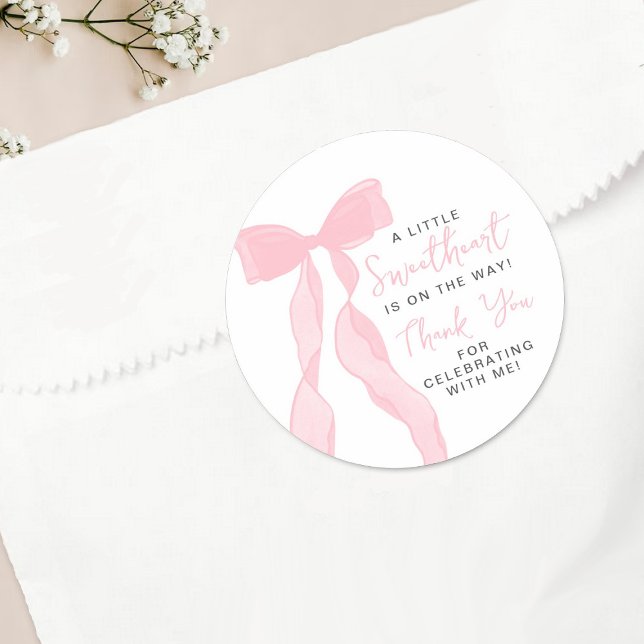 Pegatina Redonda Little Sweetheart Elegant Pink Bow Baby Shower (Subido por el creador)