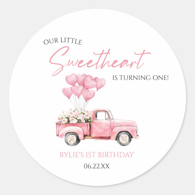 Pegatina Redonda Little Sweetheart Valentine's Day Birthday Party (Anverso)