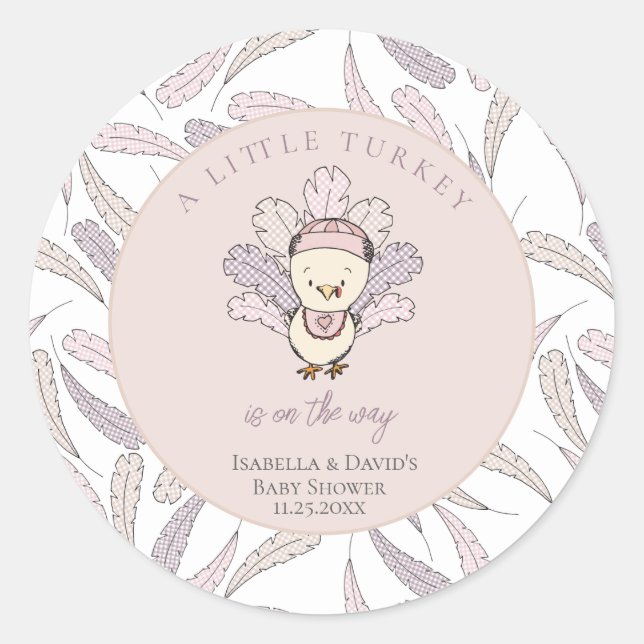 Pegatina Redonda Little Turkey Feathers Autumn Chica Baby Shower (Anverso)