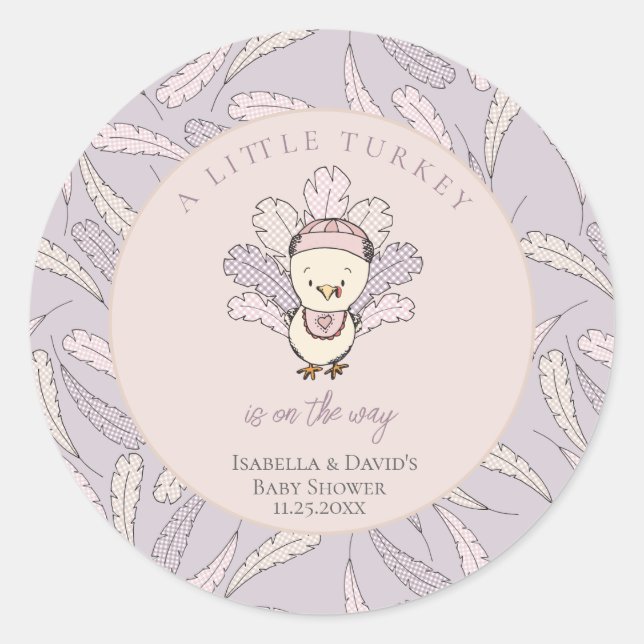 Pegatina Redonda Little Turkey Feathers Autumn Chica Baby Shower (Anverso)